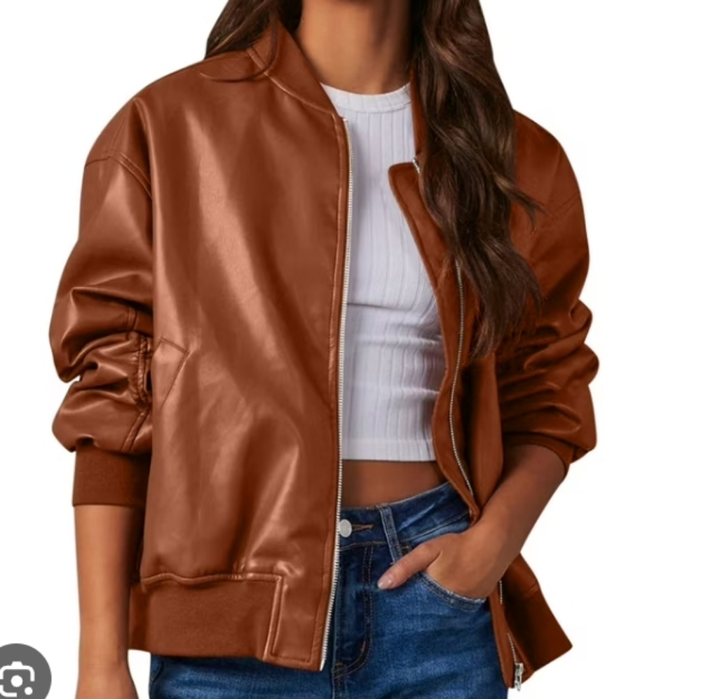 Women's Cropped Biker Leather Jacket - Brown
